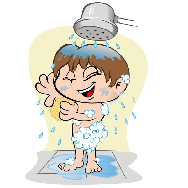 Ilustración que representa a un niño cuidando de su higiene personal, tomando un baño — Vector de stock