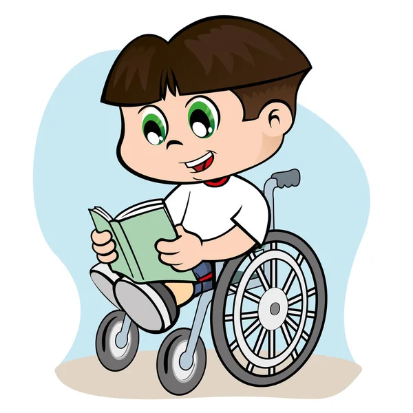 Ilustración de un niño con necesidades especiales en una silla de ruedas leyendo un libro — Vector de stock
