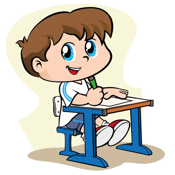 Bir çocuk bir kalem tutan ve kağıda okulda bir masa üzerine yazma gösteren çizim — Stok Vektör
