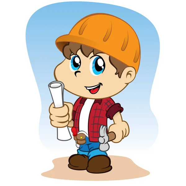 Ilustración de un niño vestido contratista profesional, constructor o arquitecto con herramientas en la mano — Vector de stock