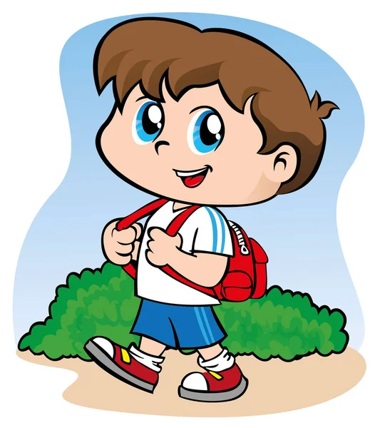 Ilustração mostrando uma criança com uma mochila indo para a escola — Vetor de Stock
