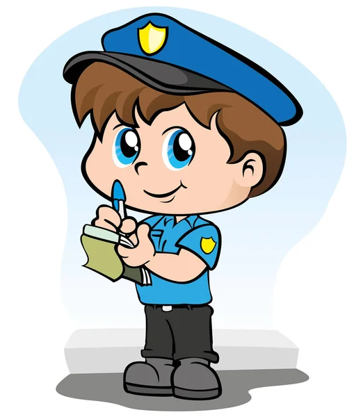 Illustration representing a child police uniform writing a fine or warning in your block of notes — Stock Vector