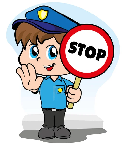 Illustration representing a child police uniform with a sign signaling to stop — Stock Vector