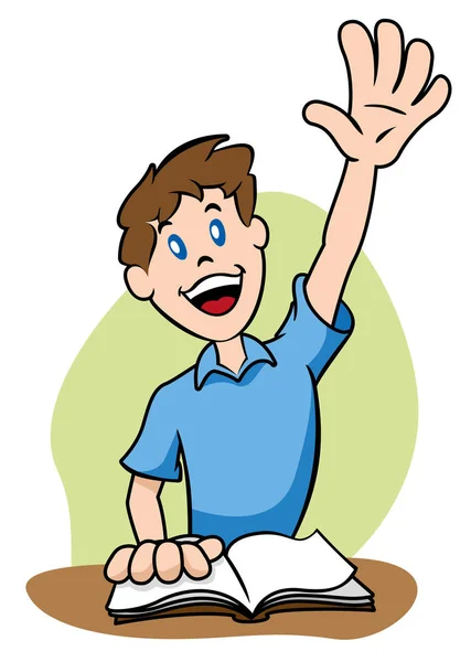 Ilustración que representa a un niño levantando el brazo para captar la atención de un maestro — Archivo Imágenes Vectoriales