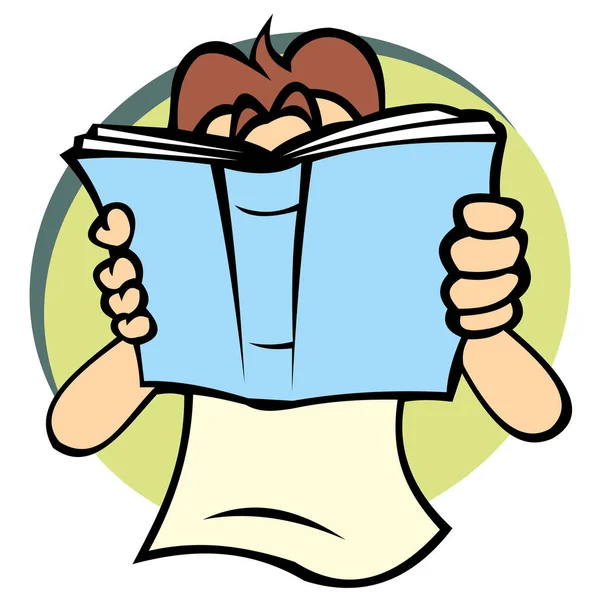Ilustración que representa a un niño sosteniendo un libro y leyendo con gran interés — Vector de stock