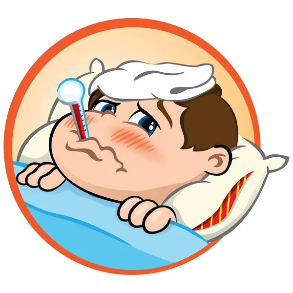 Illustration is a sick child in bed with symptoms of fever and thermometer in his mouth — Stock Vector
