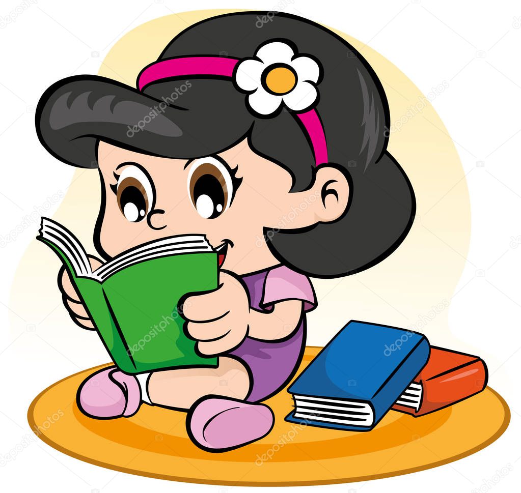 Illustration representing a child reading books sitting