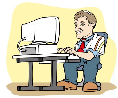 Bilgisayar başında oturan bir Yahudi haham Illustration. Eğitim ve kurumsal eğitim materyalleri için idealdir