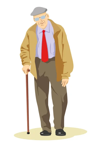 Ilustración de una persona mayor de pie apoyada en un bastón con chaqueta y boina — Archivo Imágenes Vectoriales