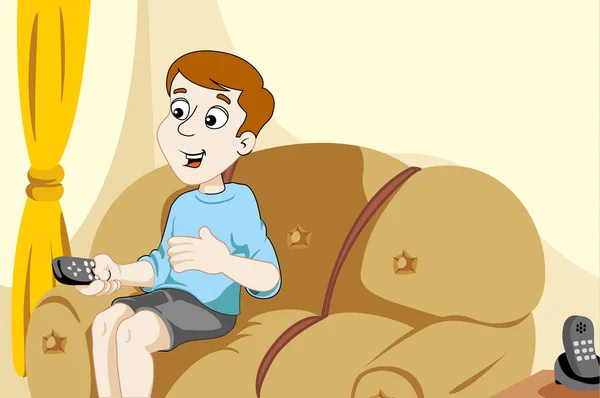 Televizyon kontrolü elinde ile oturma odasında, kanepede oturan kişi — Stok Vektör