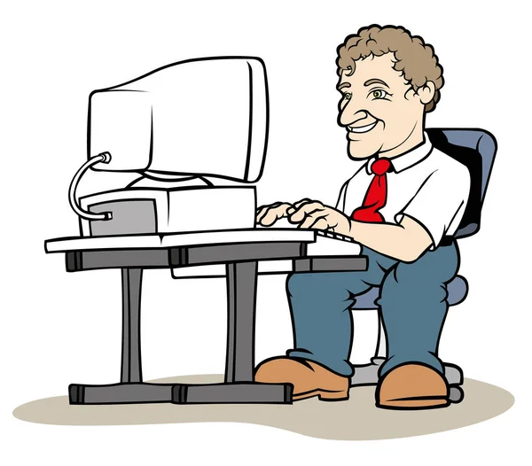 Bilgisayar başında oturan bir adam çizimi. Eğitim materyalleri ve kurumsal eğitim için ideal — Stok Vektör