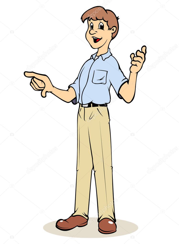 Illustration of young boy pointing and communicating something. Ideal for educational, training, institutional and sales materials