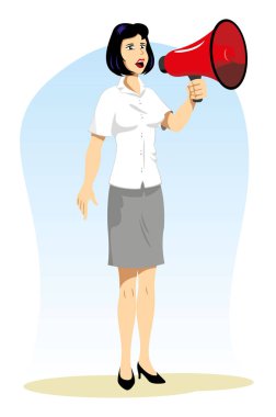 İllüstrasyon kadın konuşmaya ve bir megafon kullanarak yapıyor. Kataloglar ve moda ve güzellik malzemeleri için idealdir