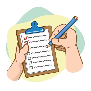 İllüstrasyon ofis kaynakları, Pano ve kalem tutan eller. Eğitim ve kurumsal malzemeler için idealdir