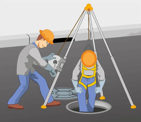 Illustration som representerar två arbetstagare kontrollera avloppsledningar ner med hjälp av säkerhetsutrustning för avloppsvatten — Stock vektor