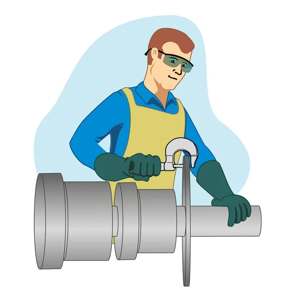 Esto representa a un trabajador usando una herramienta de precisión para el micrómetro inscionar una pieza de trabajo — Vector de stock