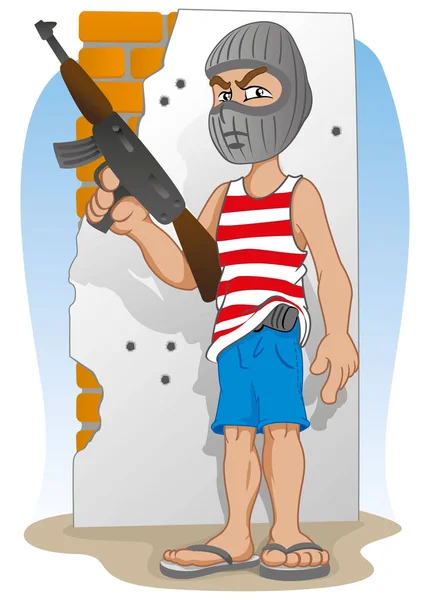 Illustrazione che rappresenta un criminale mascherato e armato con una mitragliatrice — Vettoriale Stock