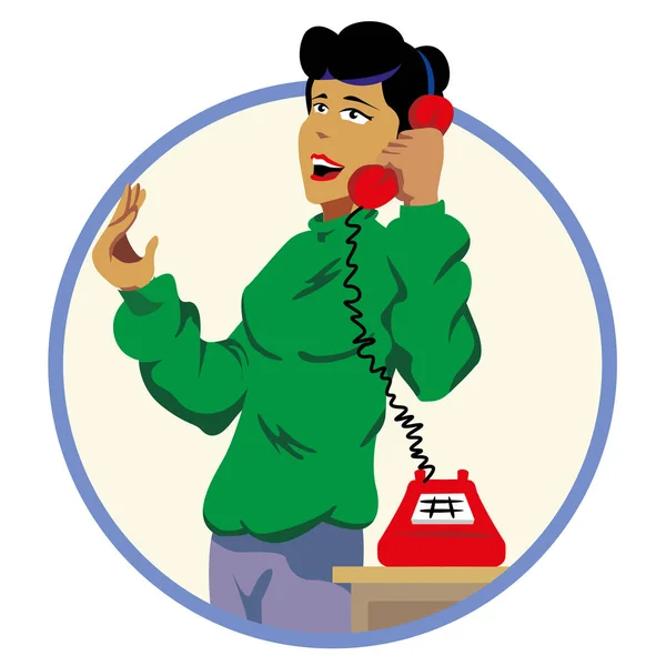 Ilustração mulher atender e falar ao telefone. Ideal para catálogos e materiais promocionais —  Vetores de Stock