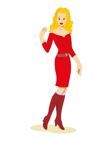 Illustration blonde woman in red dress — Stock Vector