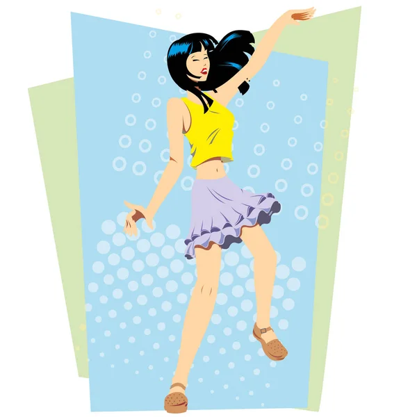 Ilustracja szczęśliwy orientalne japoński dziewczyna tańczy szczęśliwie. Idealny do ogłoszenie reklamowe — Wektor stockowy