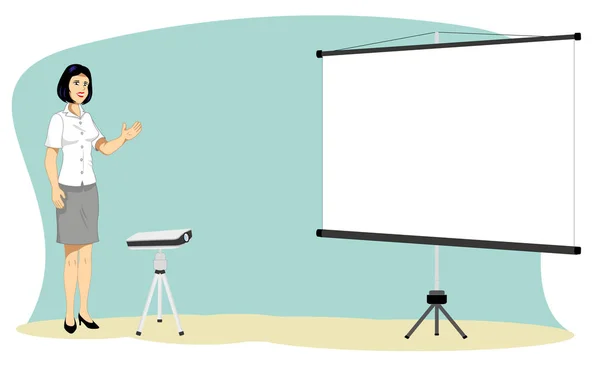 Žena dělat prezentaci s projektor a plátno — Stockový vektor