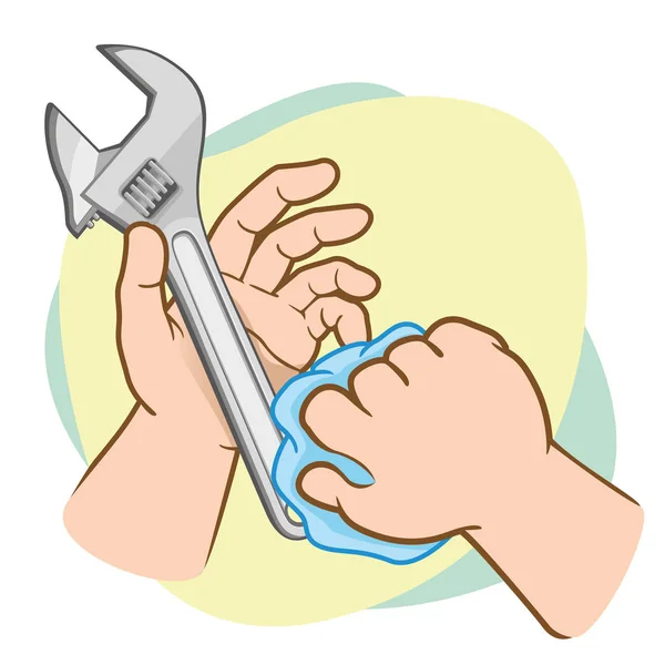 蛇口レンチ ツールを洗浄の手を描いたイラスト。研修・制度的材料に最適 — ストックベクタ