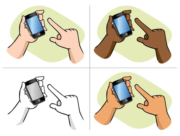 Τα χέρια, χρησιμοποιώντας το smartphone. Ιδανικό για εκπαιδευτικά και θεσμικά υλικά — Διανυσματικό Αρχείο