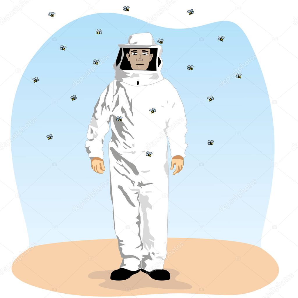Illustration representing an officer wearing protective clothing against bees, beekeeper