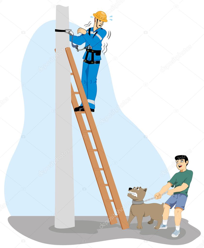 Safety at work, employees being threatened by a brave dog