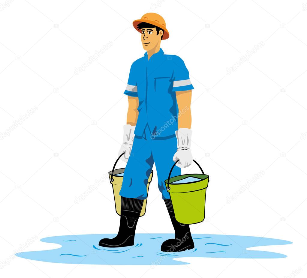 Employee person carrying buckets with water or gloves