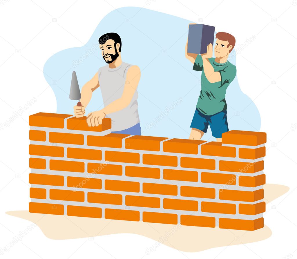 Illustration depicting people bricklayers building a wall at a construction site. Ideal for institutional materials