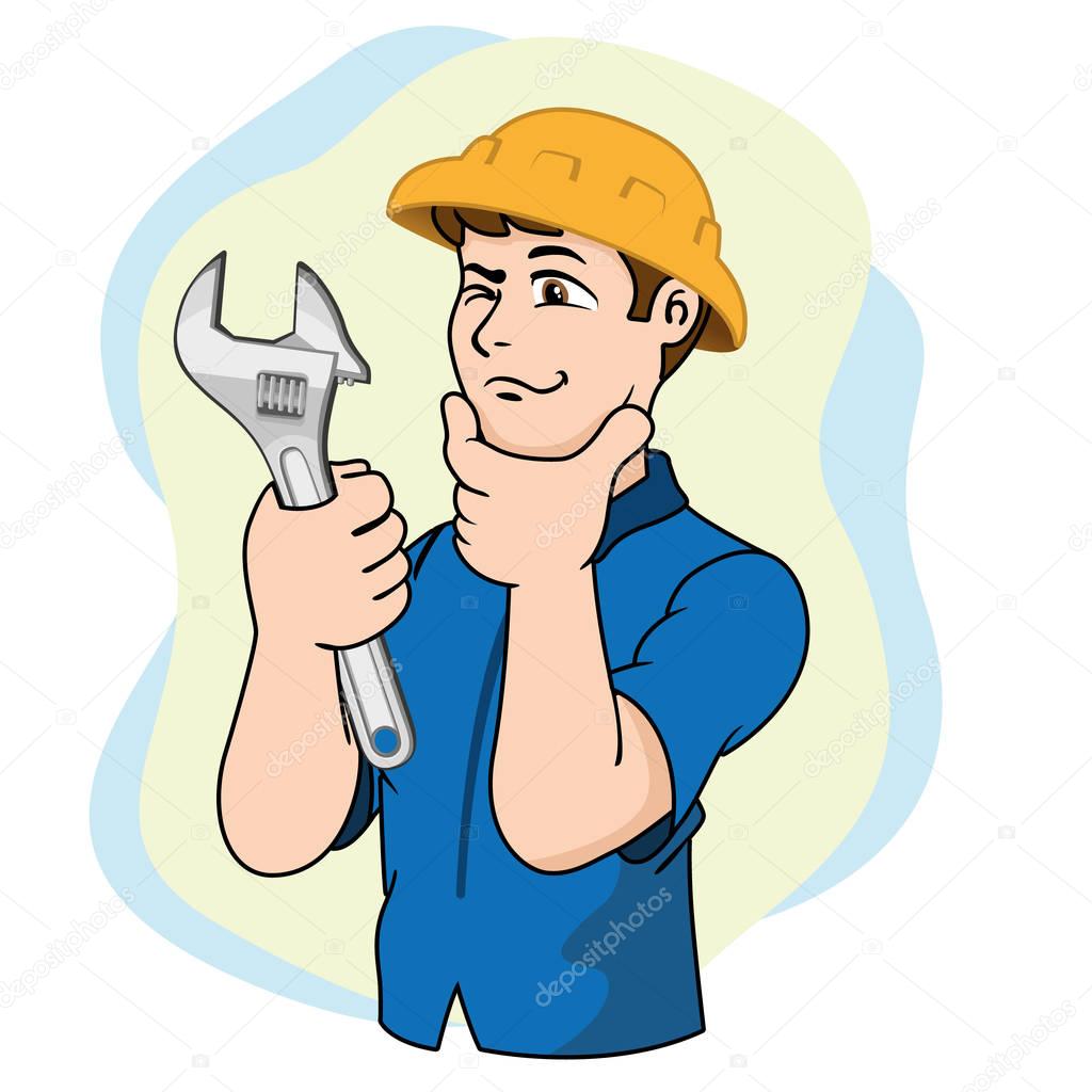 Illustration of a workers holding a tool and analyzing it. Ideal for catalogs, information and safety guides at work