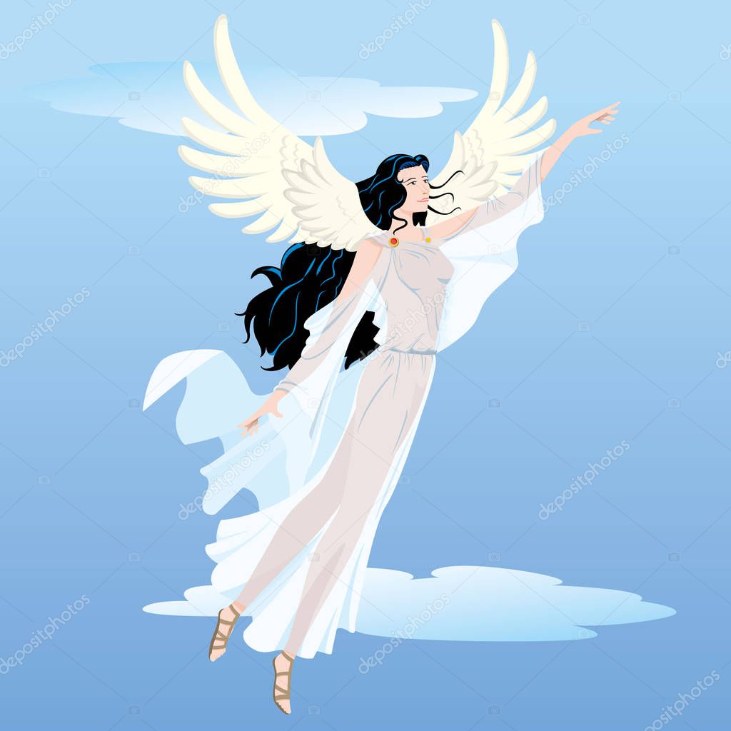 Illustration beautiful angelic woman, goddess, with flying wings. Ideal for religious and educational materials