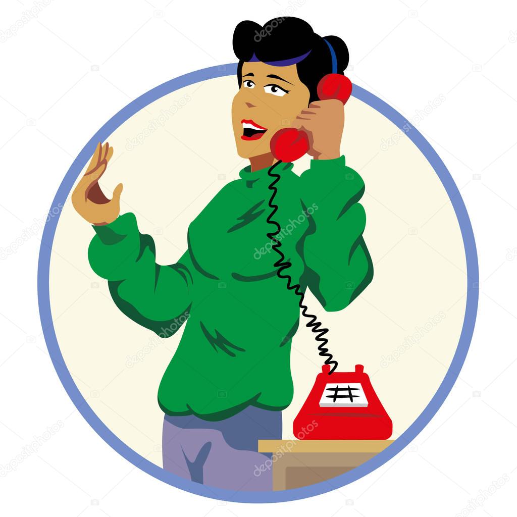 Illustration woman answering and talking on the phone. Ideal for catalogs and promotional materials