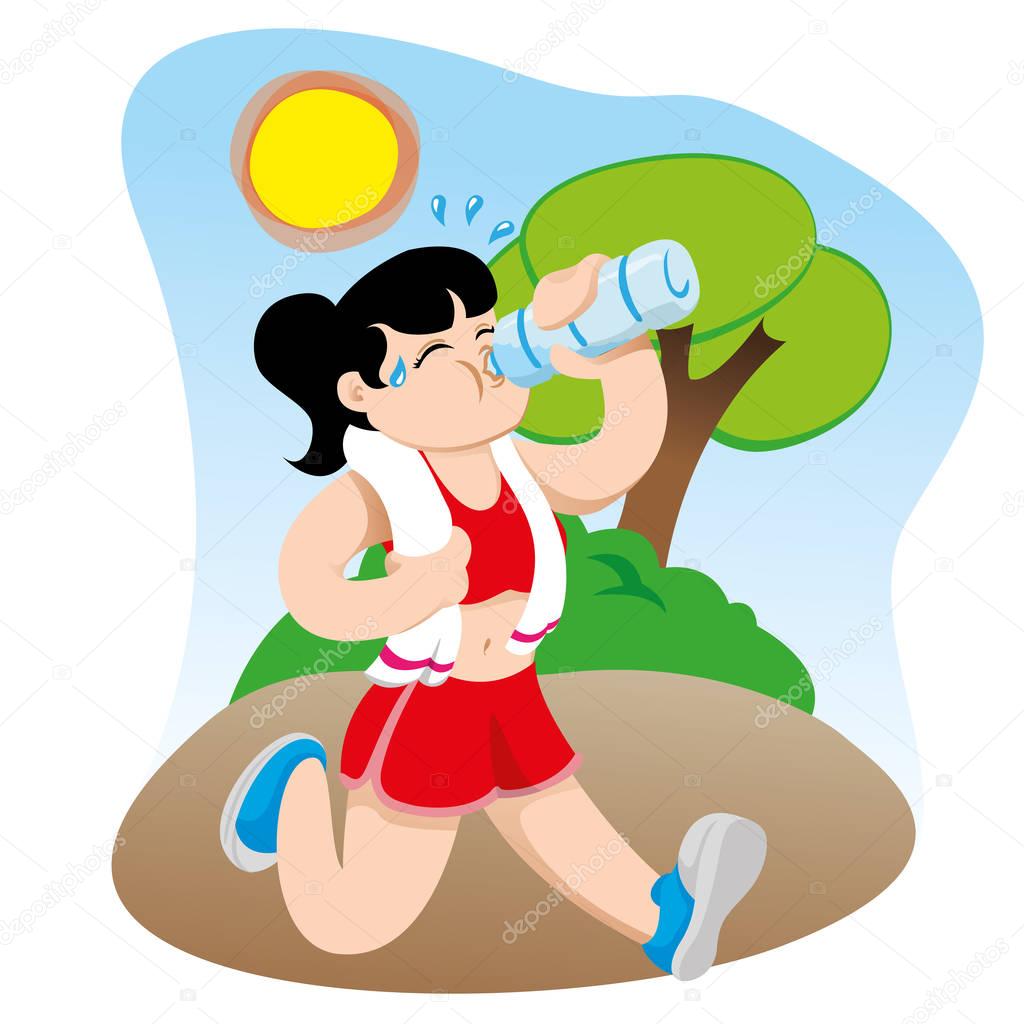 Illustration representing a woman exercising while hydrating drinking water