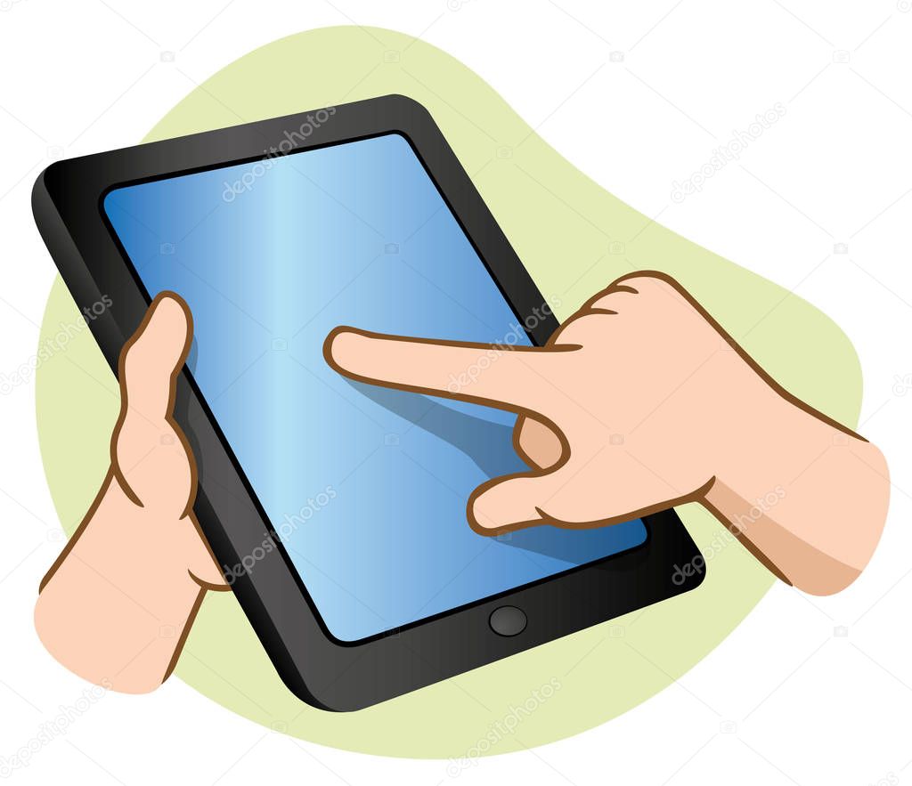 Illustration of hands holding and using a tablet touchscreen