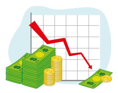 Para banknot ve madeni paralar ile çok düşen grafik gösteren çizim. Kurumsal malzemeler için idealdir