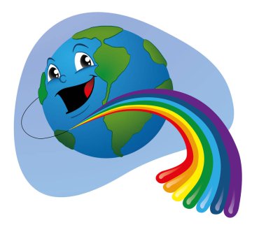 Dünya gezegen illüstrasyon çıkan bir gökkuşağı ile mutlu bir yüz ile. Çocuk için ideal ve eğitim malzemeleri