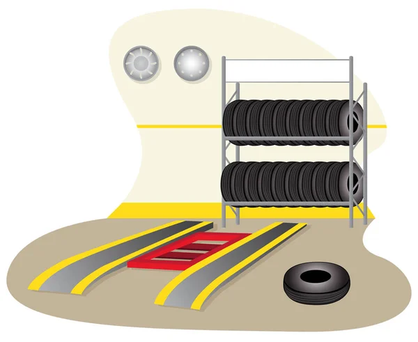 Ilustración de un garaje, mecánica, reparación de neumáticos. Ideal para formación y material institucional — Vector de stock