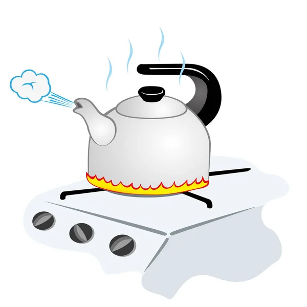 Afbeelding vertegenwoordigt een waterkoker met kokend water op het vuur — Stockvector
