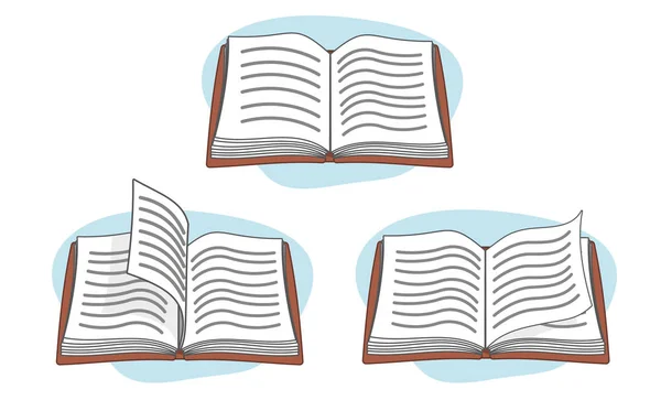 Ilustración que representa un libro abierto con sus páginas giradas. Ideal para materiales promocionales y animaciones — Vector de stock