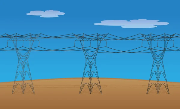 Illustratie van elektrische transmissie torens en hoogspanningskabels. Ideaal voor opleiding en institutionele materiaal — Stockvector