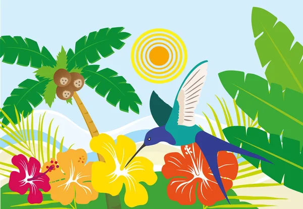 Ilustração de uma paisagem típica brasileira de uma praia com frutos, pássaros e flores — Vetor de Stock