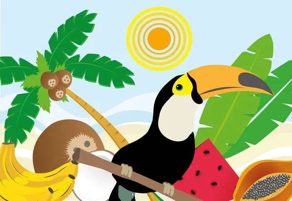 Ilustração de uma paisagem típica brasileira de uma praia com frutas, tucanos e frutas —  Vetores de Stock