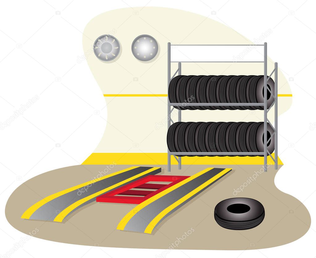 Illustration of a garage, mechanics, tire repair. Ideal for training and institutional material