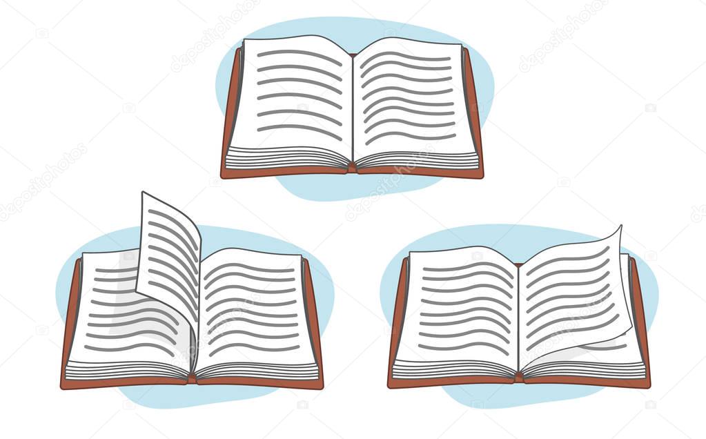 Illustration depicting an open book with its pages being turned. Ideal for promotional materials and animations