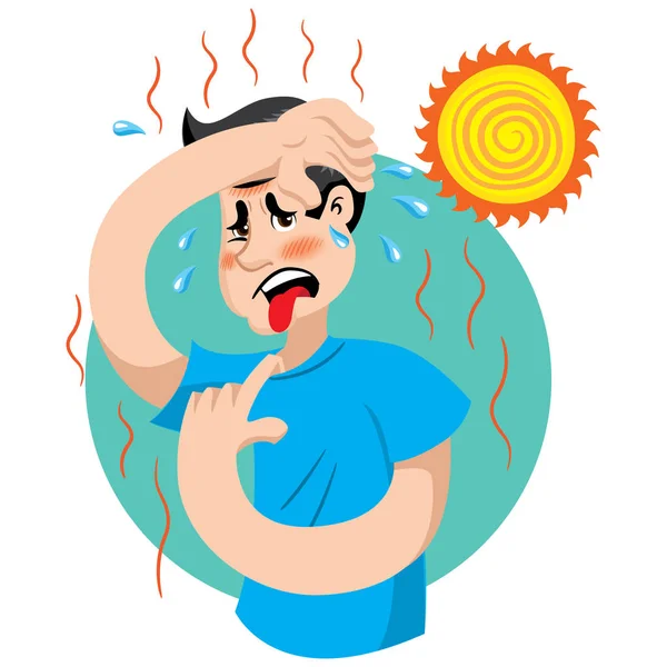 Mascotte masculine caucasienne présentant des symptômes de chaleur et d'insolation. Idéal pour le matériel éducatif et de santé et d'information médicale — Image vectorielle