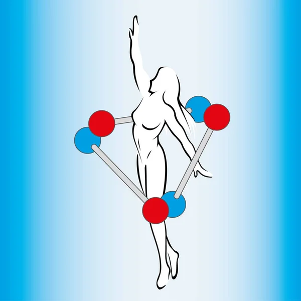 Silhouet van de vrouw tussen moleculen en atomen, evolutie symboliseert. Ideaal voor educatieve en informatieve materialen — Stockvector