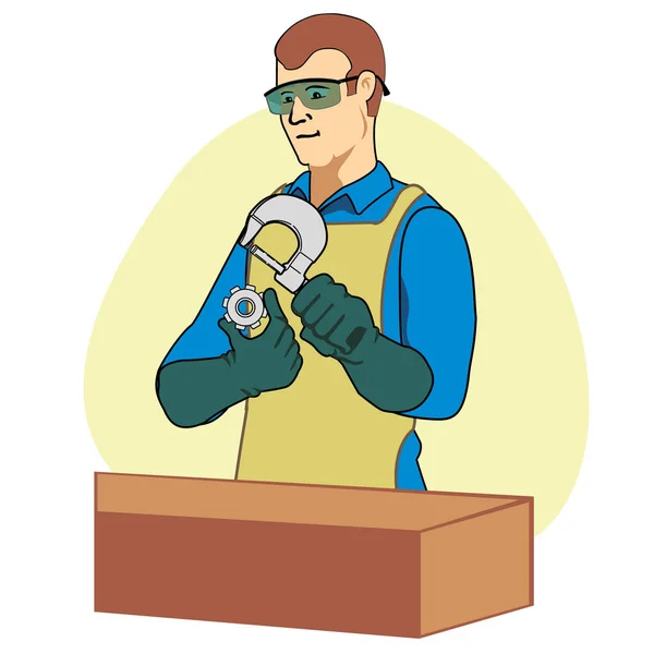 Illustration of an operator using a precision tool the micrometer to inspect a part at work. Ideal for catalogs, information and institutional material — Stock Vector