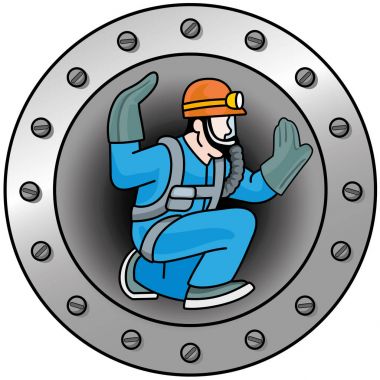 Illustration representing an employee checking pipes, sewer descending stairs in a manhole clipart